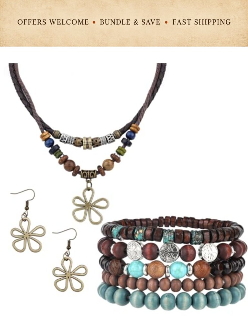Bohemian Wood Bead Necklace Flower Earrings 5 Beaded Bracelet Set